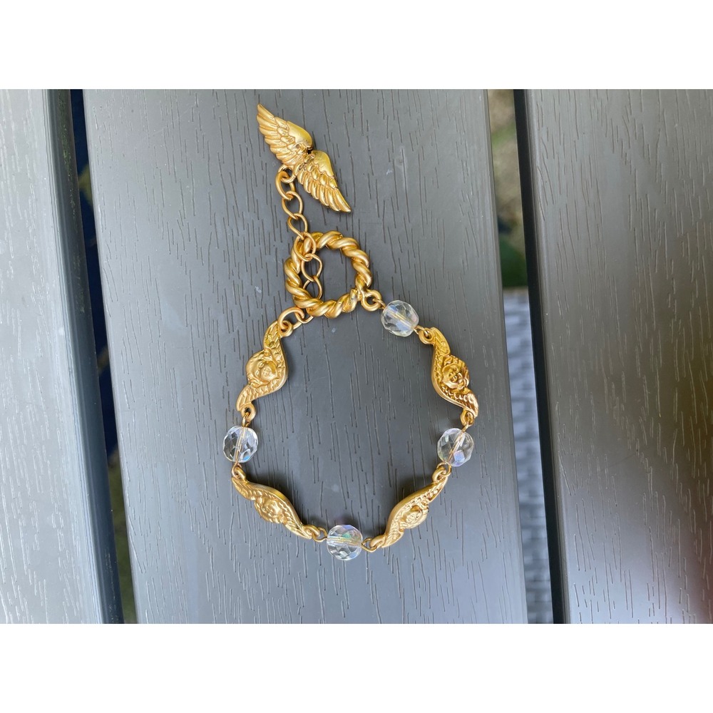 Cynthia Garrett Angel Wing Bracelet Gold Tone AB Crystal Toggle  Vintage